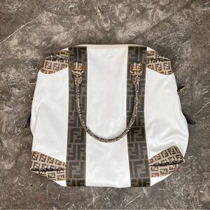 Vintage Fendi Canvas Zucca Zucchino Spalmati B Mix Tote White Mogano Panna